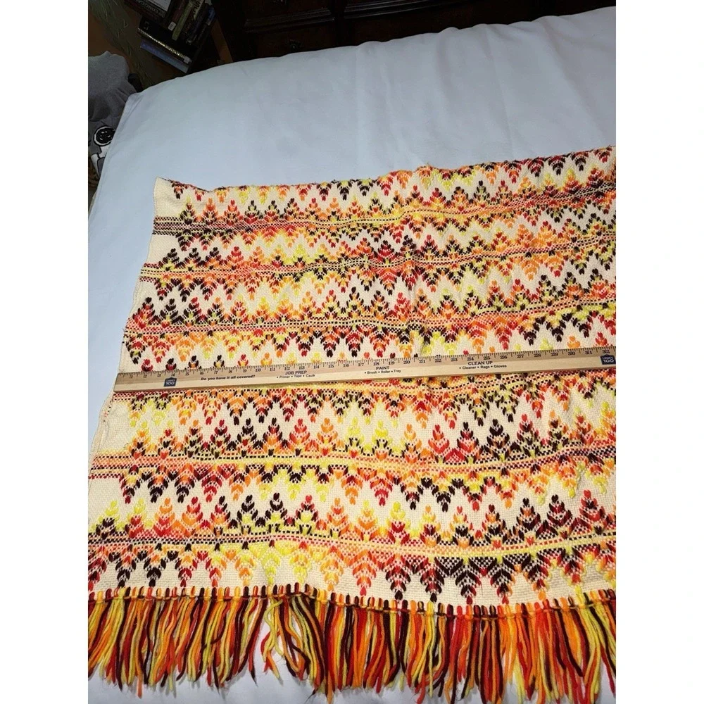 Vintage 70s‎ Woven Afghan Throw Fringe Hippie Boho Aztec